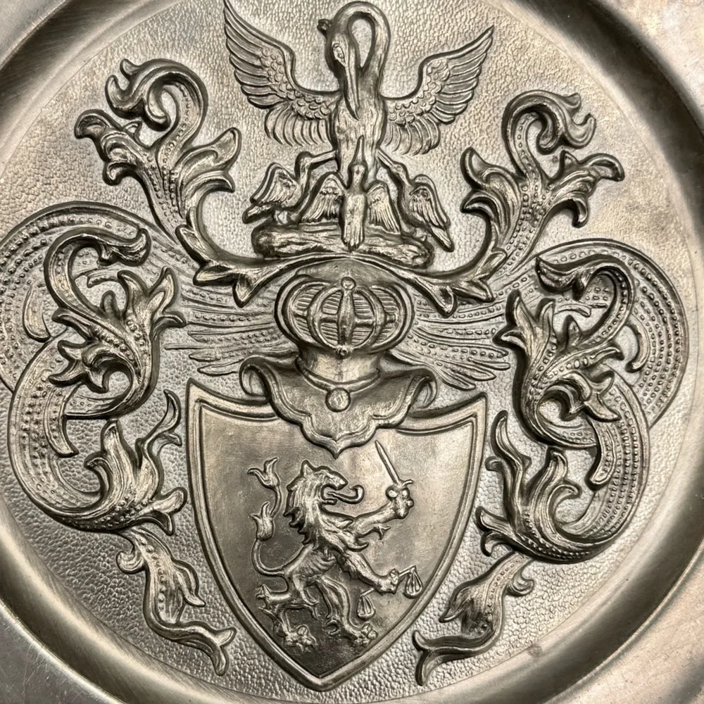 KR Roelen Tin BV Coat Of Arms Crown Shield w/ Lion Sword & Scale Pewter Plate